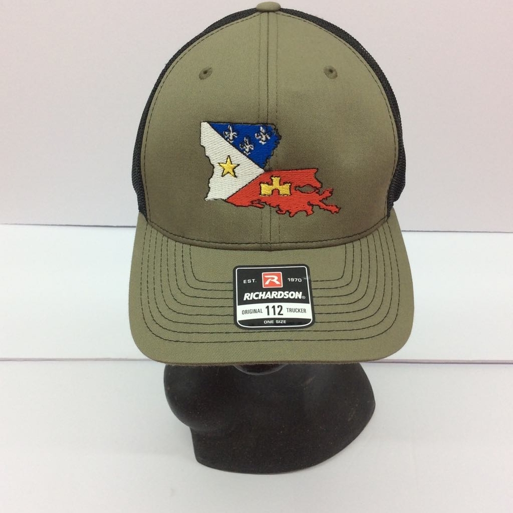 Richardson 112 New Mens Olive Black Flag Of Acadiana Trucker Snap Back OSFM